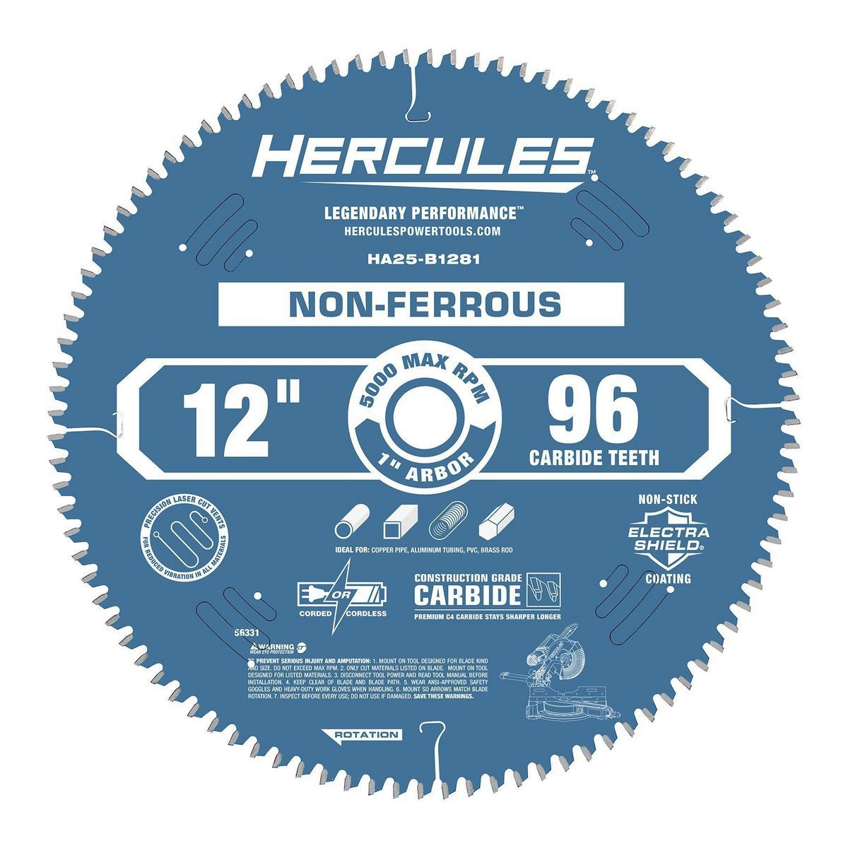 HERCULES 12 in., 96T Laminate/Plastics/Non-Ferrous Metal Cutting Miter Saw Blade