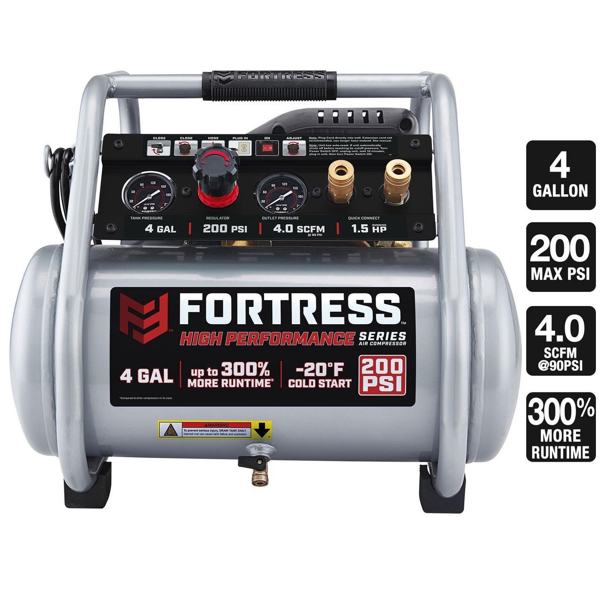 FORTRESS 4 Gallon 200 PSI High Performance Hand Carry Jobsite Air Compressor