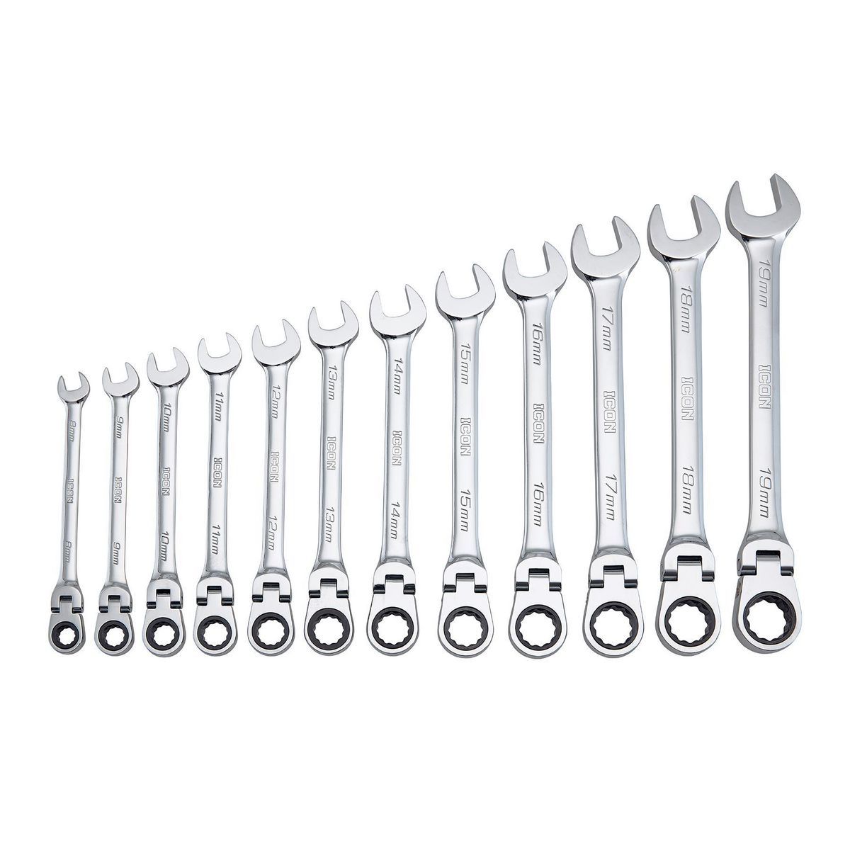 ICON Professional Flex-Head Metric Ratcheting Combination Wrench, 12 Piece