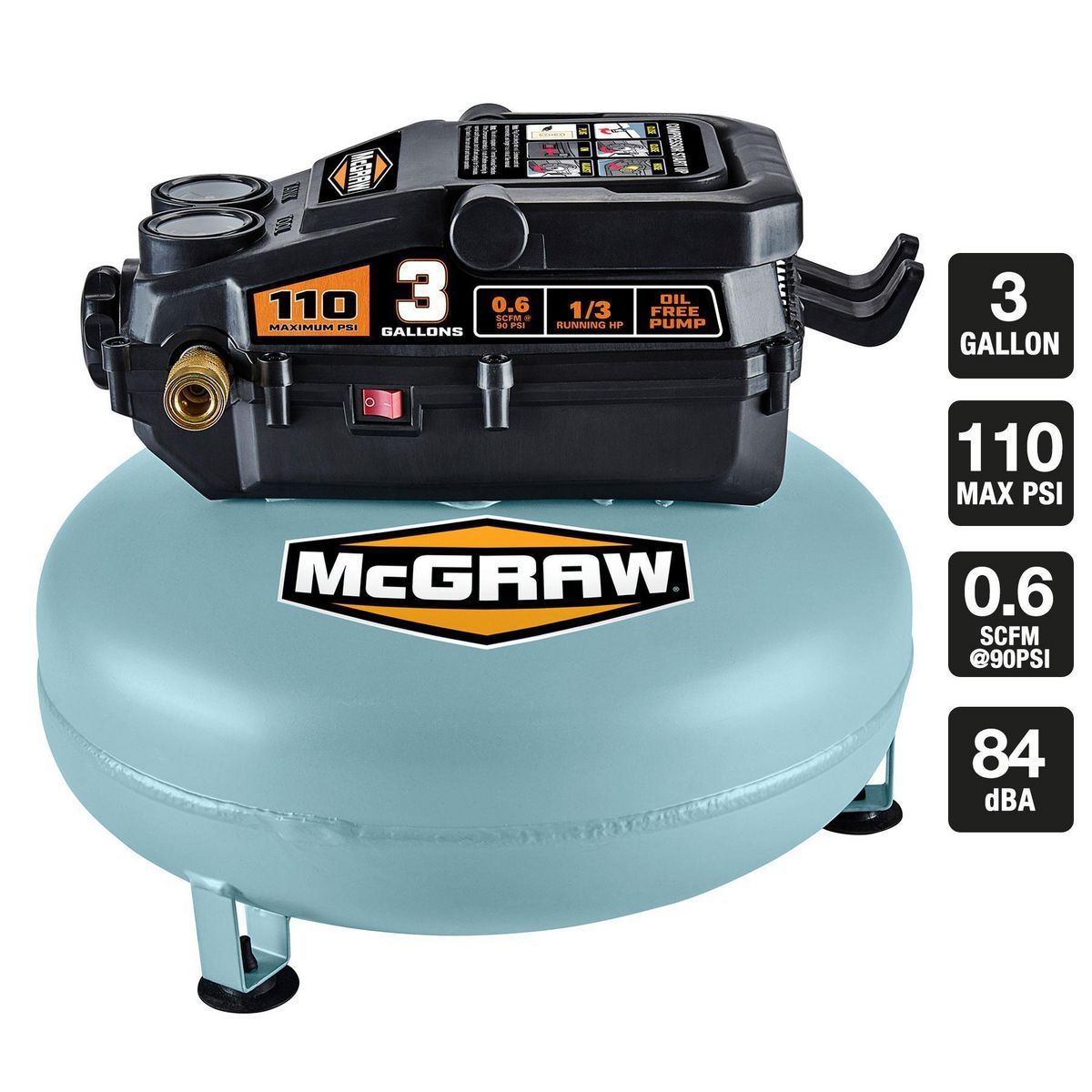 MCGRAW 3 Gallon 1/3 HP 110 PSI Oil-Free Pancake Air Compressor
