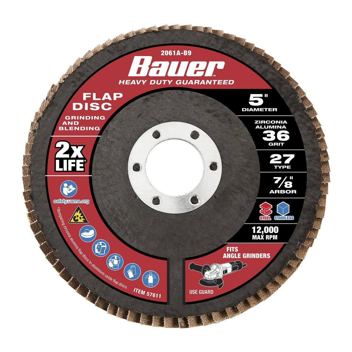 BAUER 5 in. x 7/8 in. 36-Grit Type 27 Flap Disc with Fiberglass Backing and Zirconia Grain