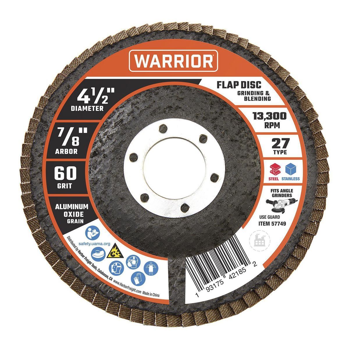 WARRIOR 4-1/2 in. x 7/8 in. 60-Grit Type 27 Flap Disc with Fiberglass Backing and Aluminum oxide Grain