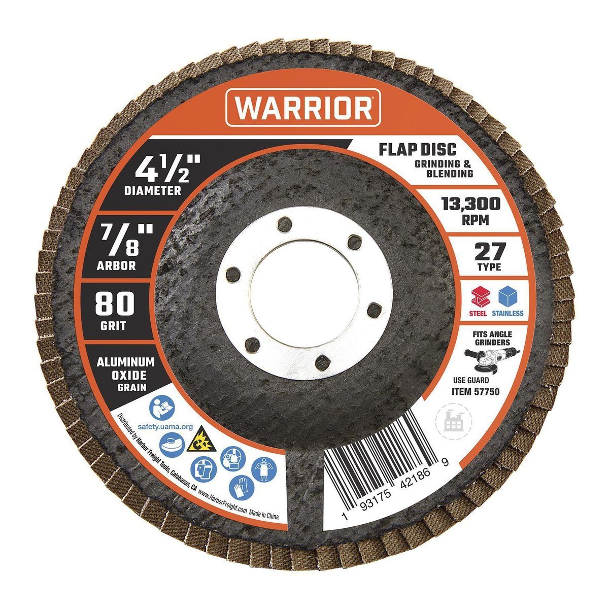 WARRIOR 4-1/2 in. x 7/8 in. 80-Grit Type 27 Flap Disc with Fiberglass Backing and Aluminum oxide Grain