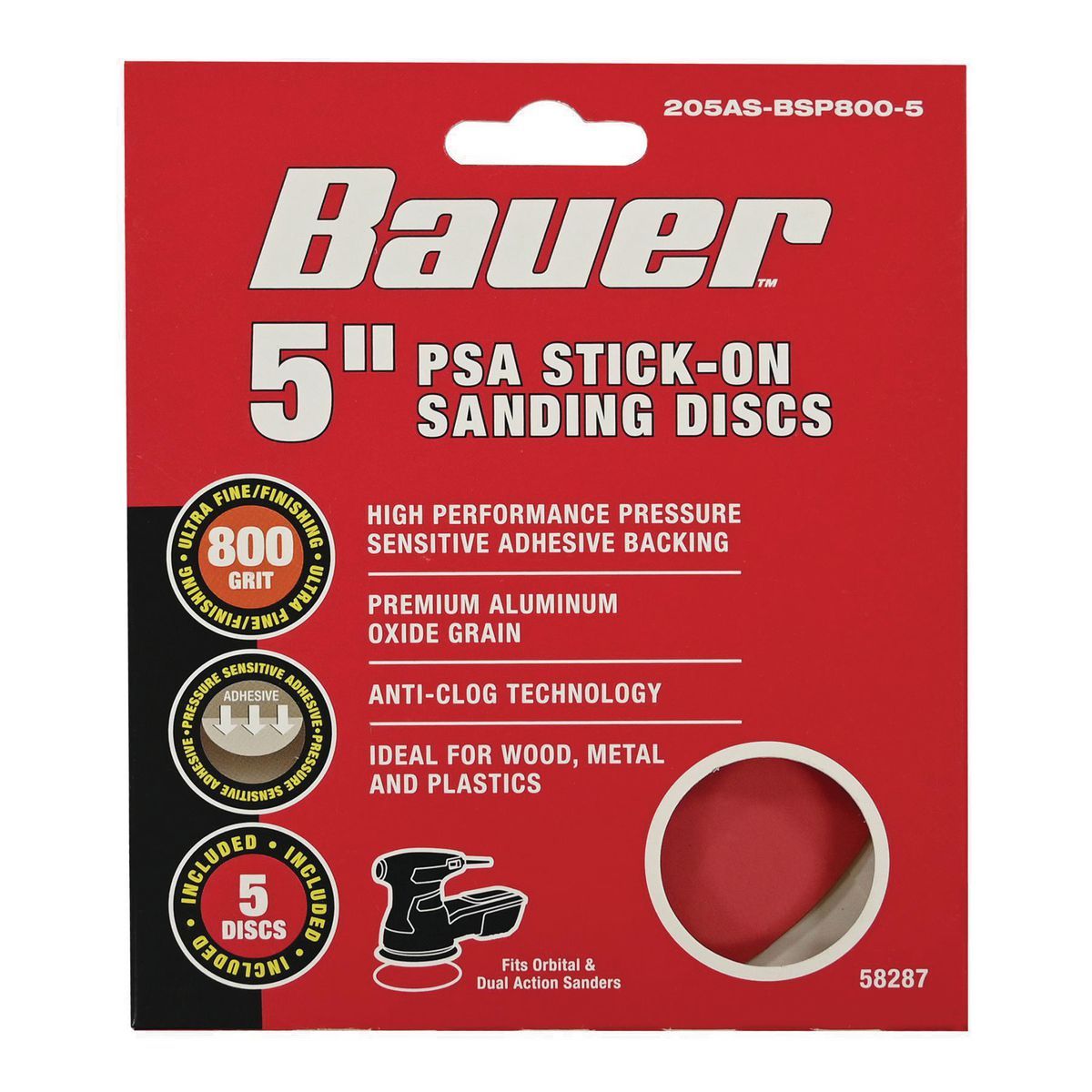 BAUER 5 in. , 800 Grit PSA Sanding Discs with Aluminum Oxide Grain, 5 Pack