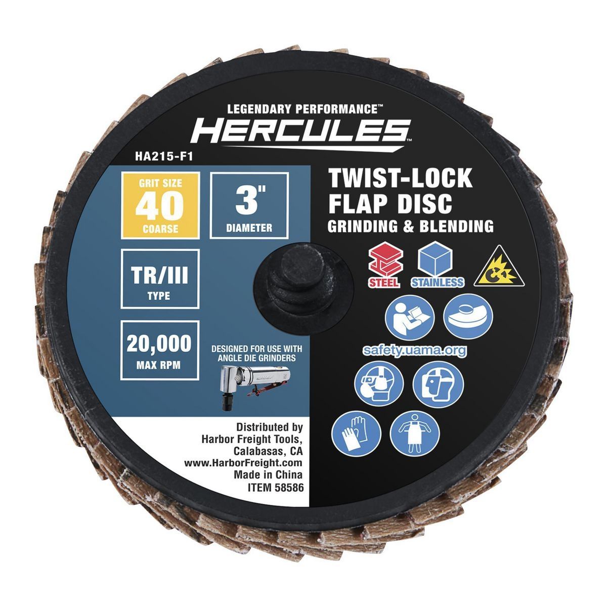 HERCULES 3 in. 40-Grit Type TR/III Twist Lock Flap Discs with Plastic Backing and Ceramic Grain, 3 Pack