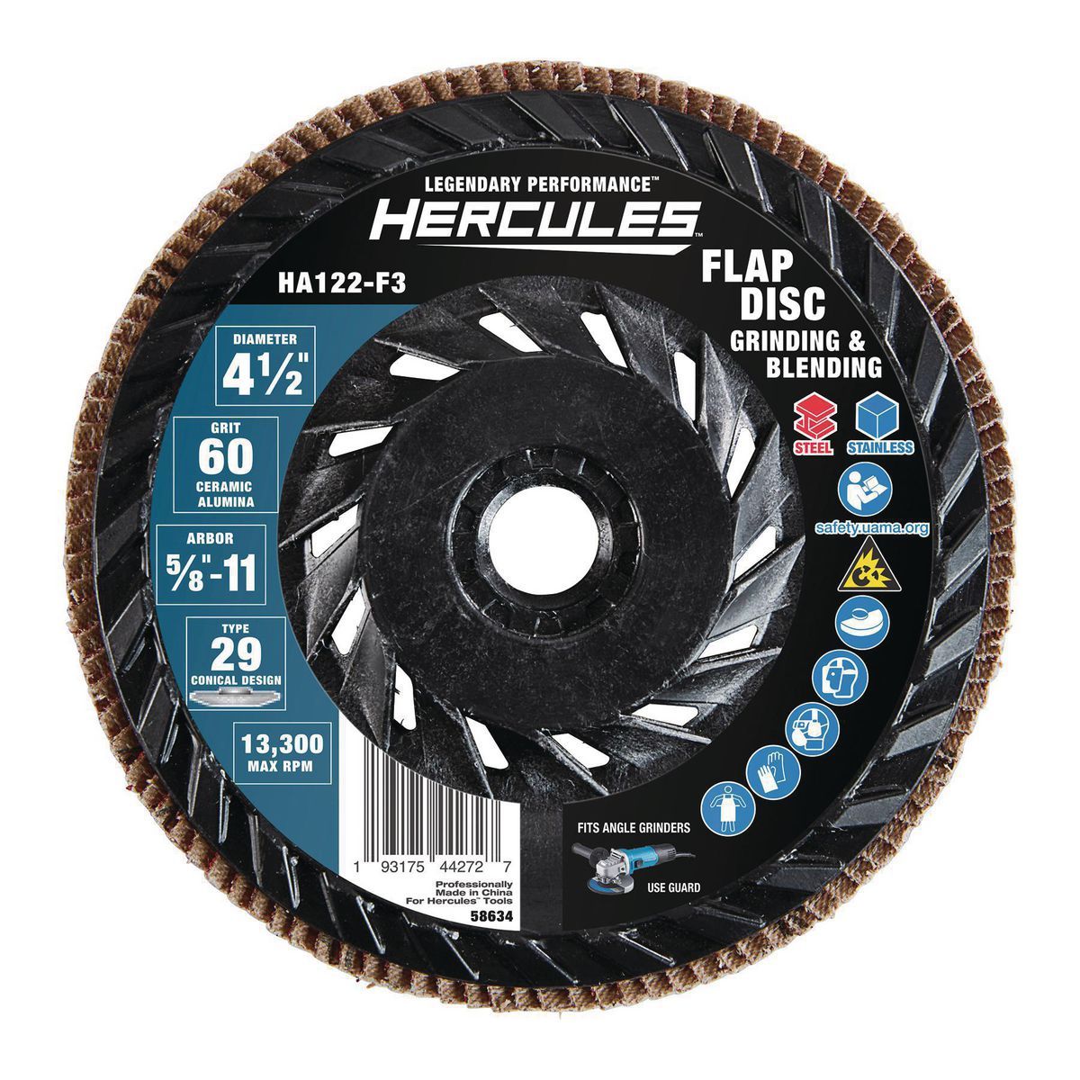 HERCULES 4-1/2 in.  x 5/8 in.-11 60-Grit Type 29 Flap Disc with Plastic Backing and Ceramic Grain