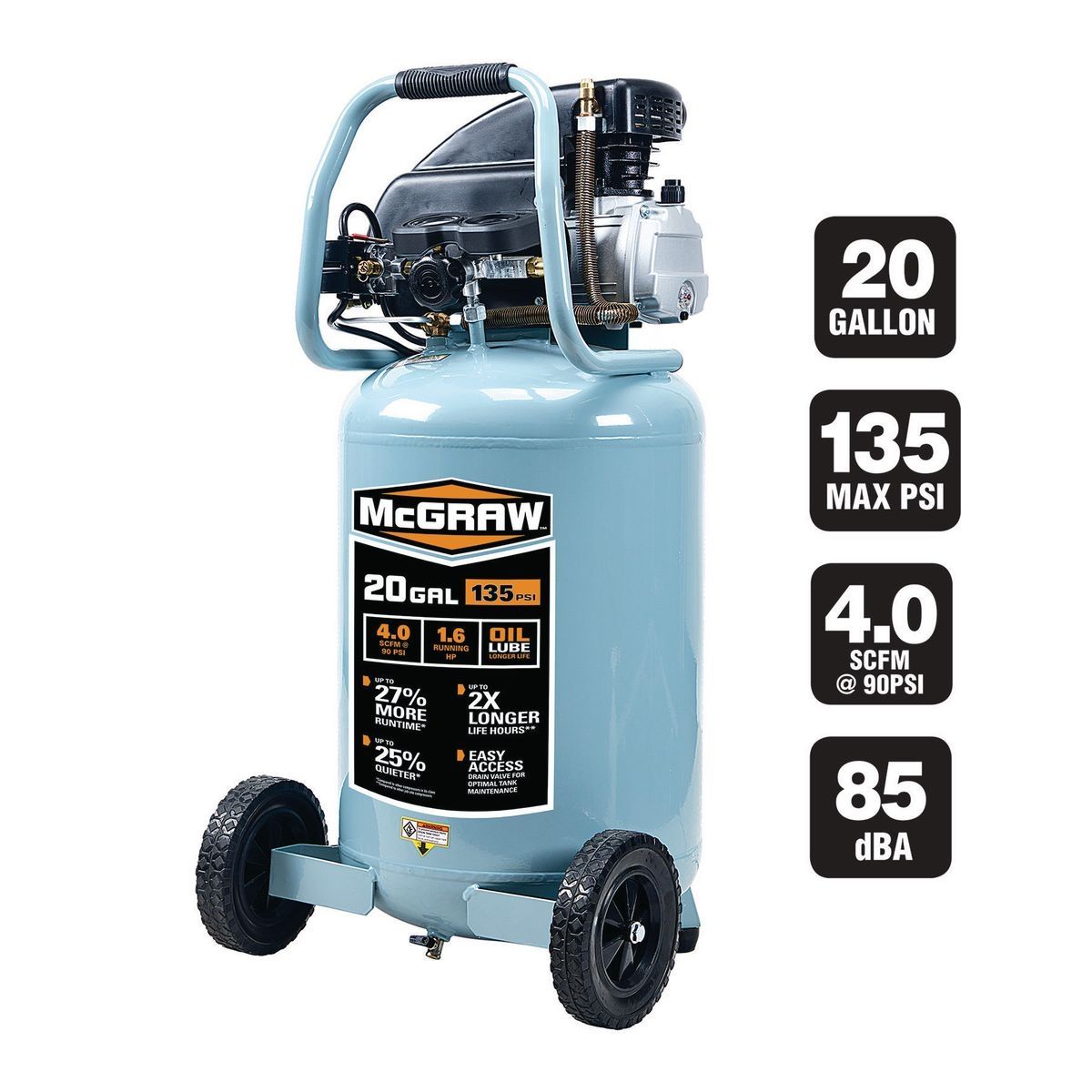 MCGRAW 20 gallon 1.6 HP 135 PSI Oil-lube Vertical Air Compressor